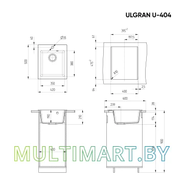Кухонная мойка Ulgran U-404 (341, ультра-белый) картинка 2
